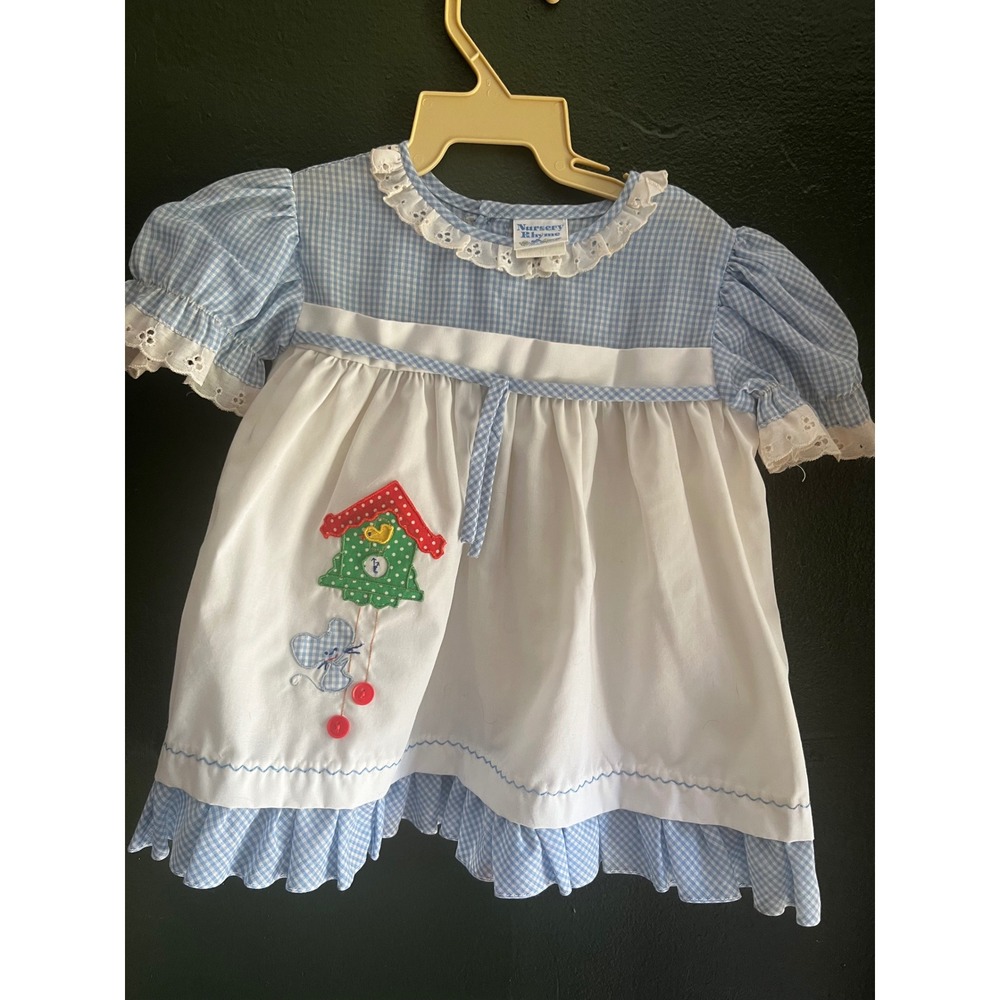 Vintage Nursery Rhyme Baby Girl Gingham Dress Cuckoo Clock Mouse Blue White 12M